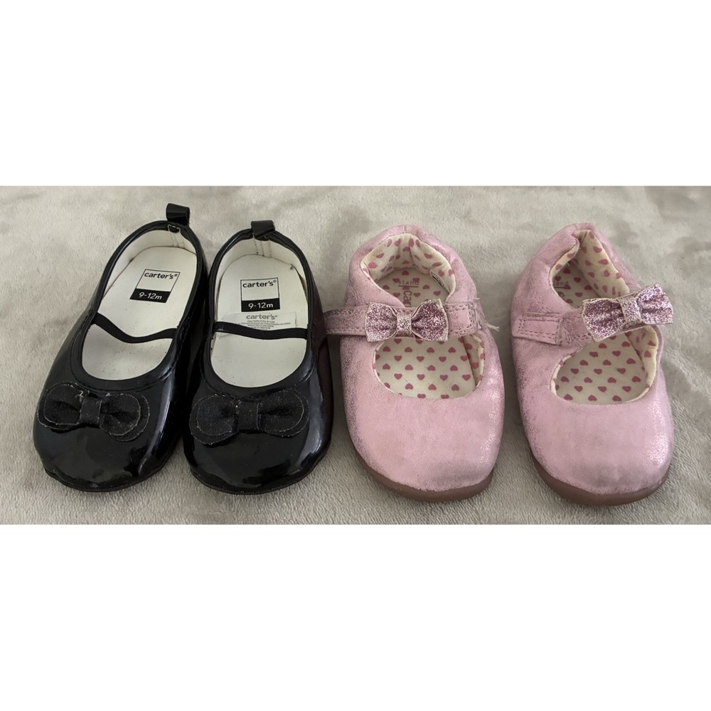 Carter's Shoes Baby Girl Size 9-12 Months‎ Bow Black Patent Pink Glitter
